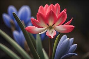 Beautiful spring crocus flowers in the garden. Floral background. ai generative photo