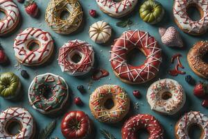 Variety of donuts on a solid color background. Top view. ai generative photo