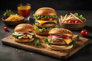 Hamburgers with french fries on wooden table, closeup. ai generative photo