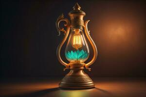 Lantern on a wooden table and a dark background. ai generative photo