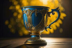 Golden trophy cup on wooden table. Award concept. ai generative photo