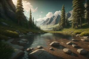 Beautiful fantasy landscape with a river in the mountains. ai generative photo