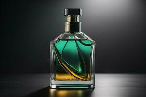 Creative and brandless Perfume bottle and flower on the wooden table, closeup. ai generative photo