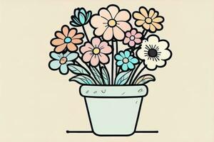 Illustration of a flowerpot with pink and blue flowers on a gray background. ai generative photo