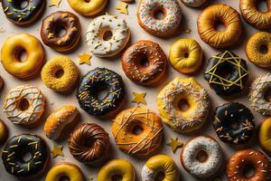 Variety of donuts on a solid color background. Top view. ai generative photo