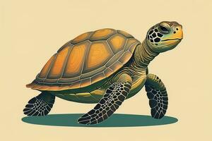 ilustración de un Tortuga en un verde antecedentes en dibujos animados estilo. ai generativo foto