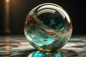 Transparent crystal ball on a wooden table. ai generative photo