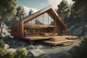 modern cozy chalet with pool and parking for sale or rent. Luxury house in the forest. ai generative photo