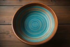 Empty wooden bowl on wooden background. Top view. Copy space. ai generative photo