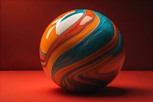 Colorful marble ball on a solid colour background. Close-up. ai generative photo