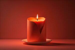 Burning aroma candle on wooden table against solid color background, copyspace. ai generative photo