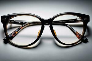 Stylish glasses on wooden table. Fashionable eyeglasses. ai generative photo