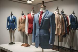 Stylish suits on mannequins on solid color background, closeup. ai generative photo