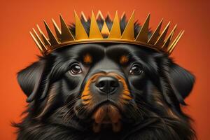 Portrait of a cute dog in a golden crown on a solid color background. ai generative photo