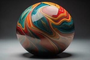 Colorful marble ball on a solid colour background. Close-up. ai generative photo