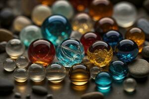 Colorful glass marbles on a the table. Selective focus. ai generative photo