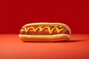 Hot dog with mustard and ketchup isolated on a red background. ai generated photo