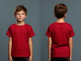 Front and back views of a little boy wearing a red T-shirt. ai generated photo