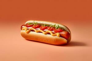 Hot dog with mustard and ketchup isolated on a red background. ai generated photo