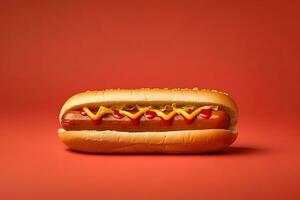 Hot dog with mustard and ketchup isolated on a red background. ai generated photo