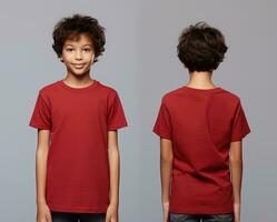 Front and back views of a little boy wearing a red T-shirt. ai generated photo