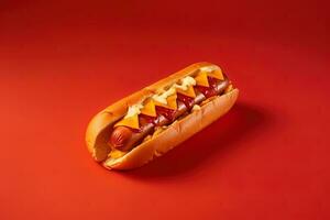 Hot dog with mustard and ketchup isolated on a red background. ai generated photo