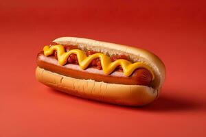 Hot dog with mustard and ketchup isolated on a red background. ai generated photo