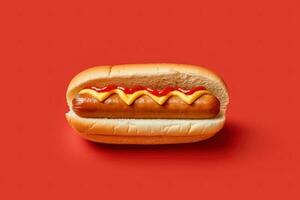 Hot dog with mustard and ketchup isolated on a red background. ai generated photo