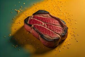 Raw beef sirloin steak with ingredients for cooking on wooden background. ai generative photo