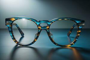 Stylish glasses on wooden table. Fashionable eyeglasses. ai generative photo