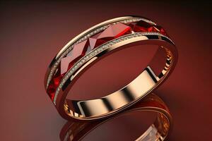 Wedding ring with diamonds on a solid color background. Jewelry. ai generative photo