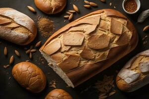 Freshly baked sweet buns on a red background. Toned. ai generative photo