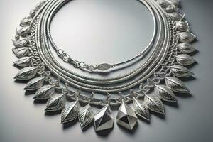 Silver necklace on a solid color background in close-up. ai generative photo