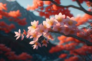 cherry blossom sakura flower on blue sky background, ai generative photo