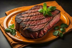 Raw beef sirloin steak with ingredients for cooking on wooden background. ai generative photo