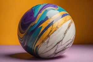 Colorful marble ball on a solid colour background. Close-up. ai generative photo