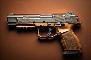 Semi-automatic handgun on a solid color background. Close-up. ai generative photo