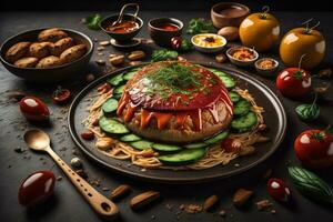 Top view of different indian dishes on dark background. Indian cuisine. ai generative photo