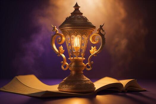 Lantern on a wooden table and a dark background. ai generative photo