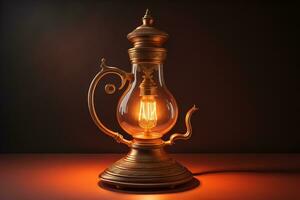 Lantern on a wooden table and a dark background. ai generative photo
