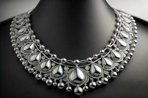 Silver necklace on a solid color background in close-up. ai generative photo