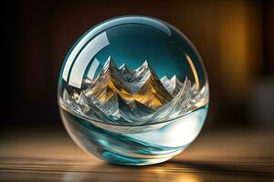 Transparent crystal ball on a wooden table. ai generative photo