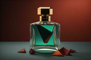 Creative and brandless Perfume bottle and flower on the wooden table, closeup. ai generative photo
