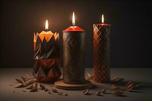 Creative burning candle on a wooden background. ai generative photo