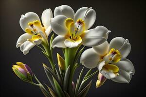 ramo de flores de azafrán y tulipanes en sólido color antecedentes. ai generativo foto