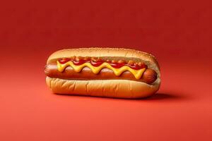 Hot dog with mustard and ketchup isolated on a red background. ai generated photo