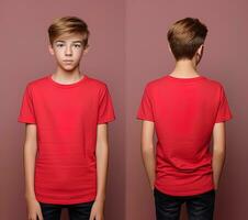 Front and back views of a little boy wearing a red T-shirt. ai generated photo