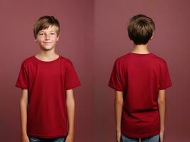 frente y espalda puntos de vista de un pequeño chico vistiendo un rojo camiseta. ai generado foto