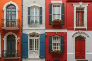 vistoso ventanas de un típico casa en el ciudad, ai generativo foto