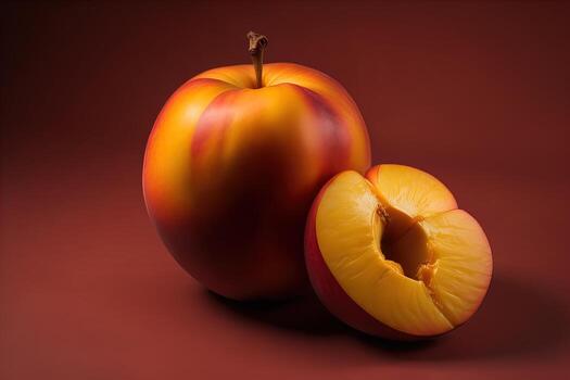 Ripe red peach on a solid color background. ai generative photo
